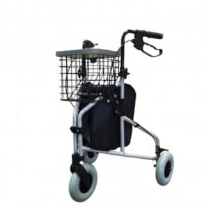 Folding Lightweight Tri Walker with Bag, Basket and Tray – Silver